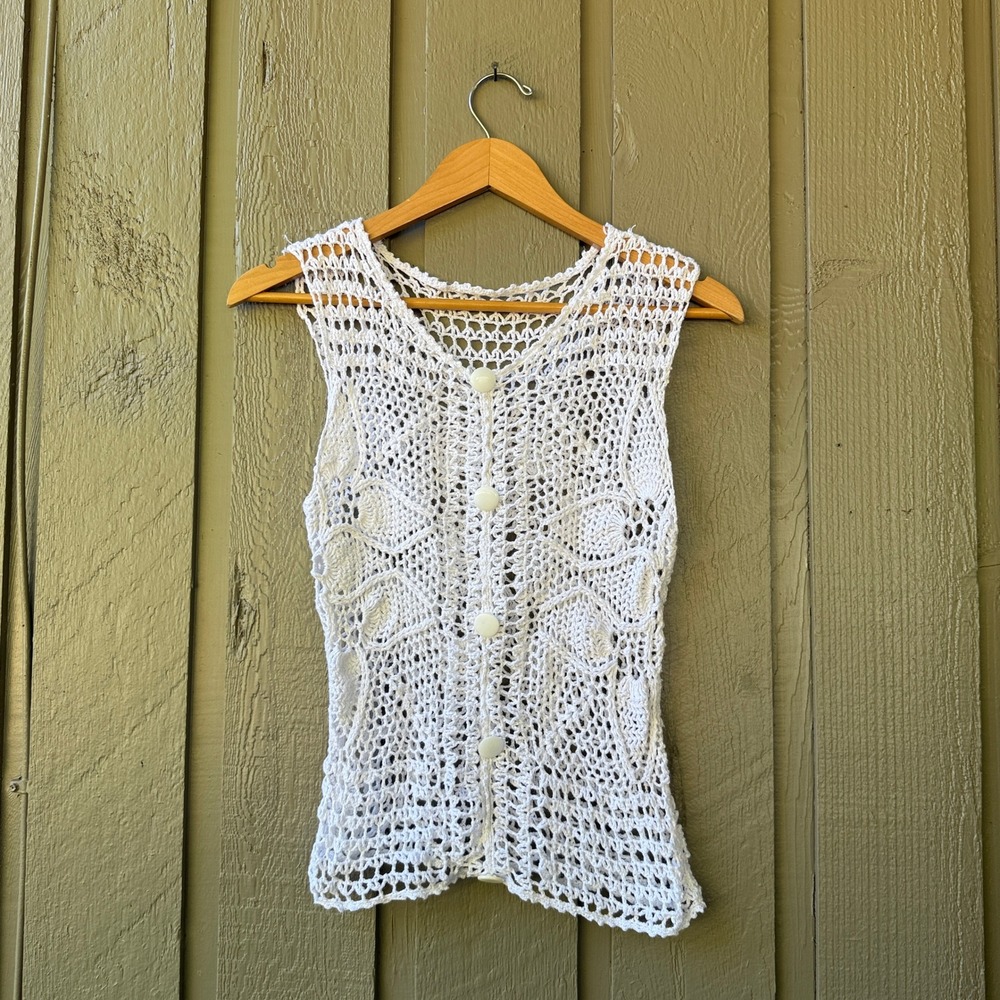 Vintage Crochet Button Front Vest Womens Small White Open Knit Floral Boho 90s